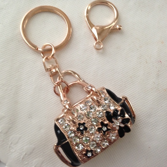 2-Way, Black Floral Rhinestone Handbag Charm- Key Chain - Picture 3 of 10